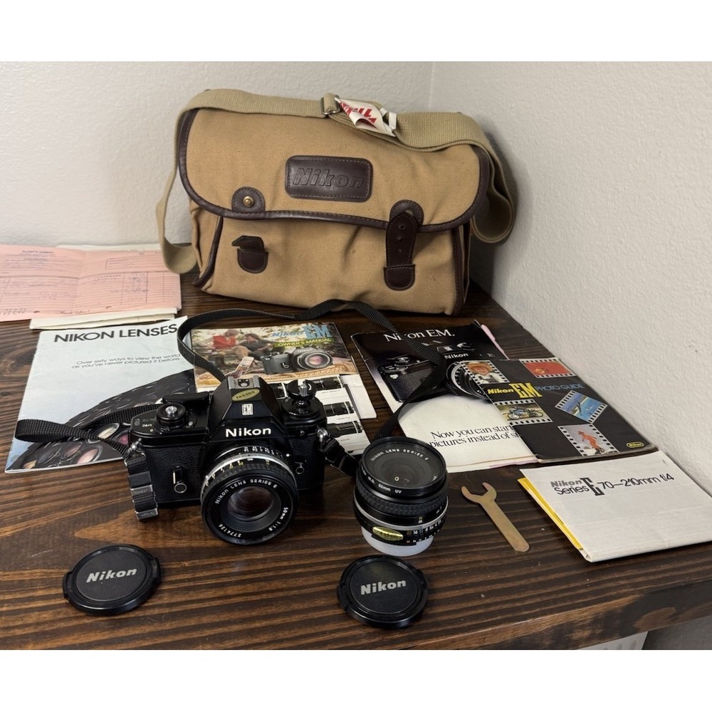Vintage Nikon EM Camera Bundle W/lenses Bag Advertisement Receipts 50 mm 28 mm